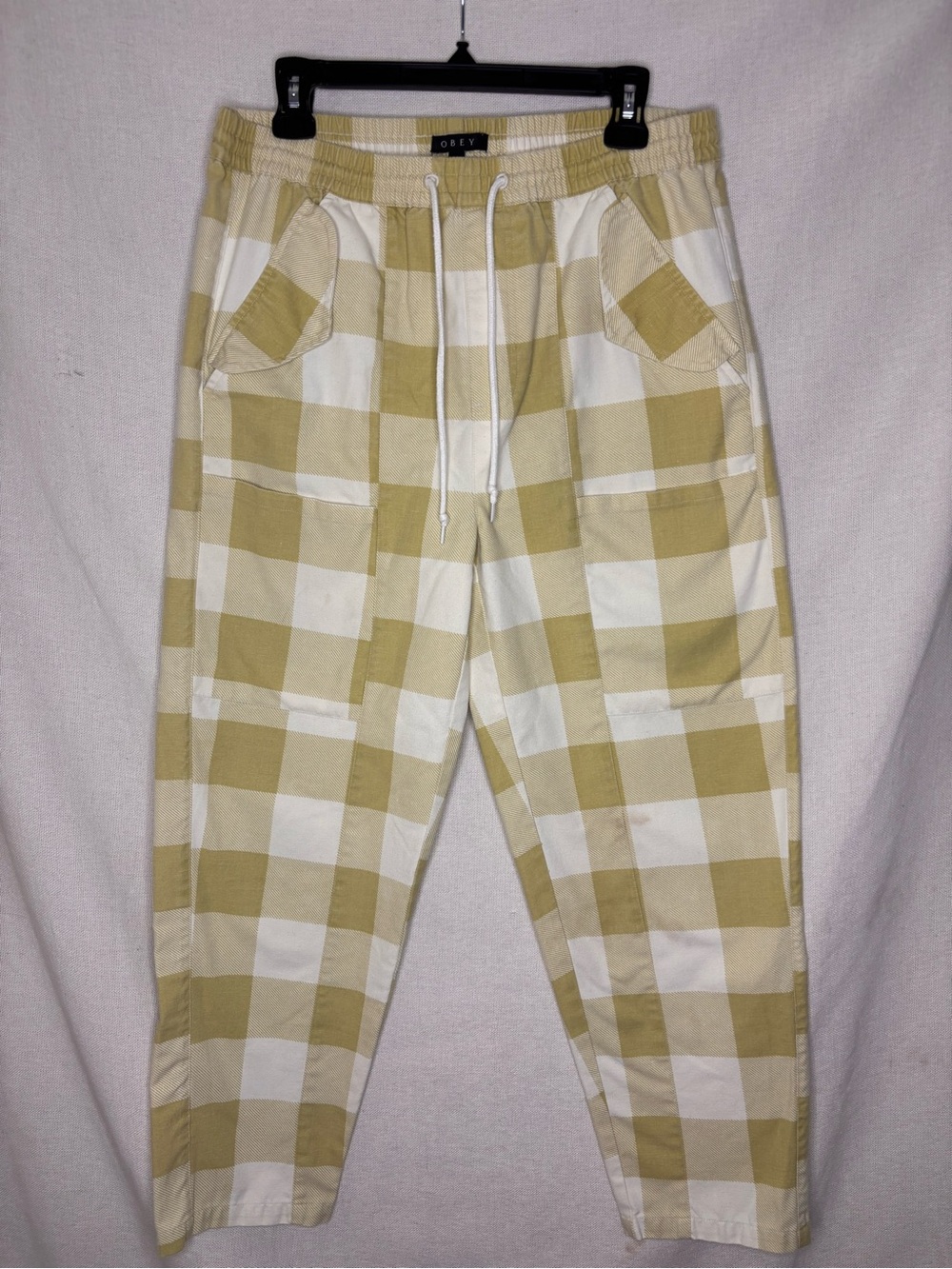 OBEY Provence Checkered Drawstring Pants Men’s/Women’s M Olive Cream Plaid